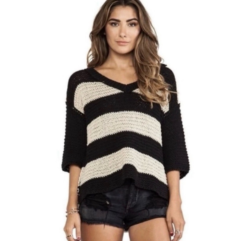 FREE PEOPLE Sweater Park Slope Black Tan Striped Crochet Open Knit VNeck Sz XS